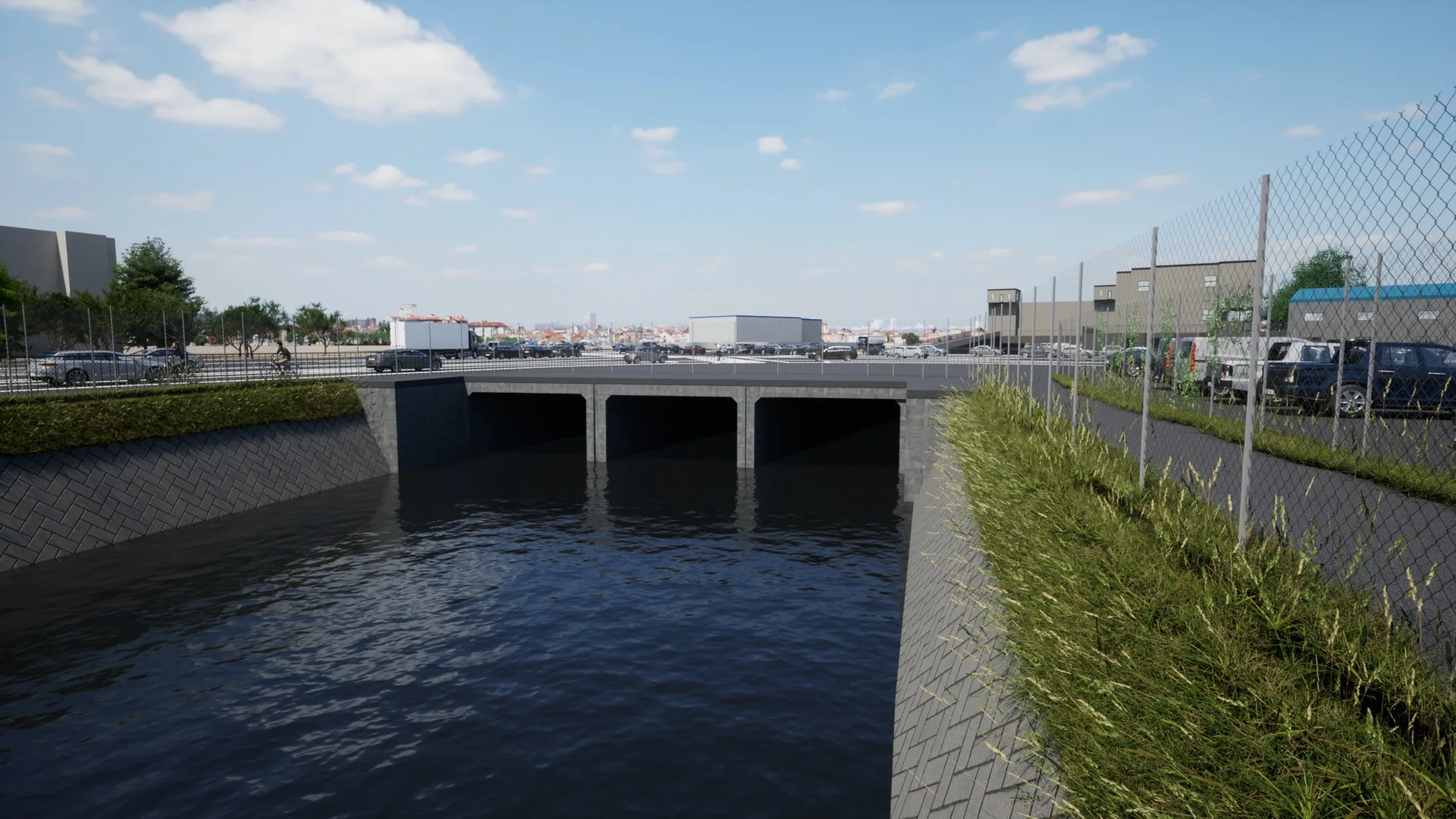 水路と道路の横断構造物を示す3Dパース
